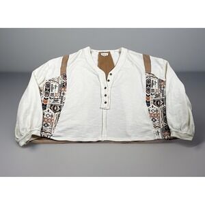 POL V Neck Long Sleeve Pullover Women M 3/4 Button Aztec Print Accent